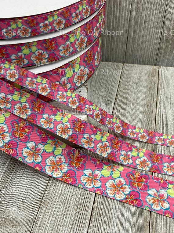 SALE 5 Yards White and Green Daisies on Lavender Printed Grosgrain Ribbon 1  Inch Wide Sewing Crafting Decorating Bow Key Fob 