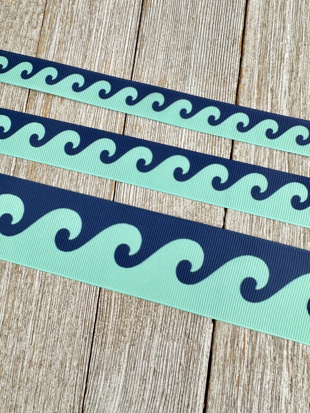 Waves of Navy and Turquoise Blue Printed Grosgrain Ribbon - 5/8