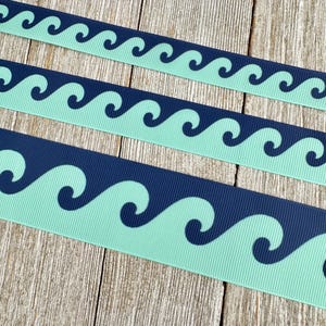 May include: Three rows of blue and teal ribbon with a wave pattern. The ribbon is on a wooden surface.