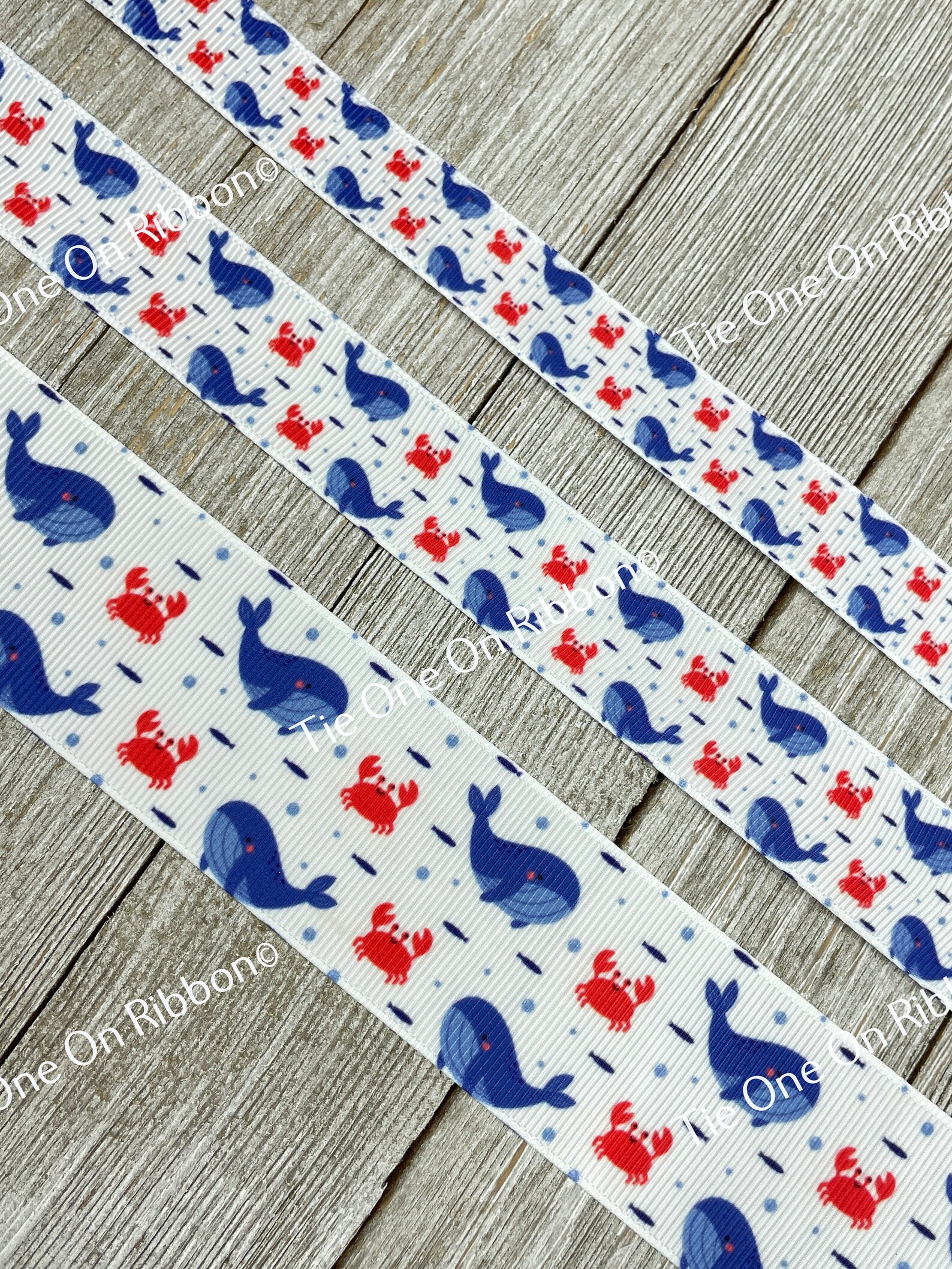 Blue Whale Red Crab Fish Ocean Sea Print Grosgrain Ribbon - 5/8