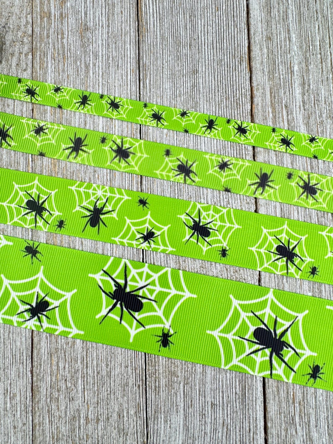 Spider Ribbon Black Spiders and White Webs on Bright Green Background Printed ...