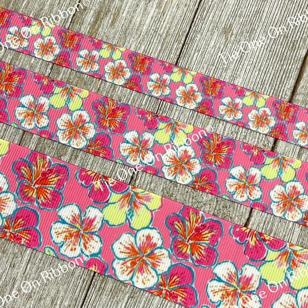 Hibiscus bloemen bedrukt grosgrain lint - 5/8" - 7/8" - 1" - 1,5" - naaien - knutselen - strik - sleutelhanger - decor - halsband