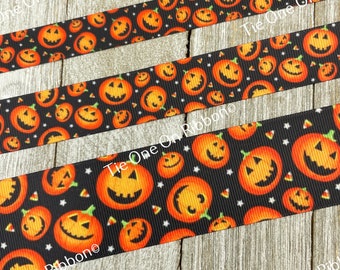 Halloween Happy Jack-O-Lantern Pumpkin Printed Grosgrain Ribbon -  5/8 - 7/8 - 1.5 Inch - Sewing - Crafting - Decorating - Party Decor