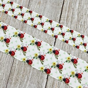 SALE! 5 Yards Red Ladybugs With Sunflower Floral Plaid On White Background Printed Grosgrain Ribbon- 7/8&quot; - 1.5&quot; - Sew - Craft - Decor - Bow