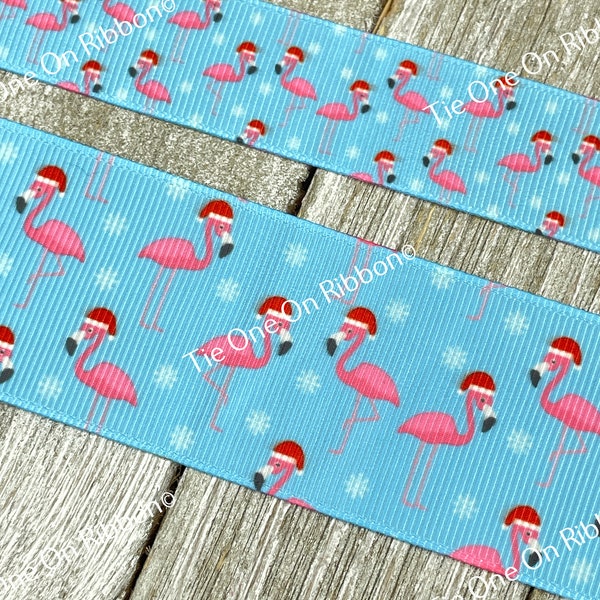 Santa Hat Pink Flamingos on Snowflake and Blue Printed Ribbon - 7/8" - 1.5" - Sew - Craft - Decor - Bow - Collar - Leash - Tag - Gift Wrap