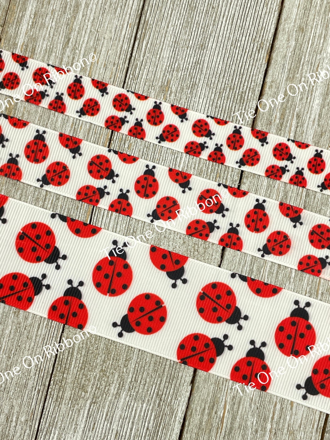 Red Ladybug Pattern Printed on Solid White Grosgrain Ribbon - 5/8