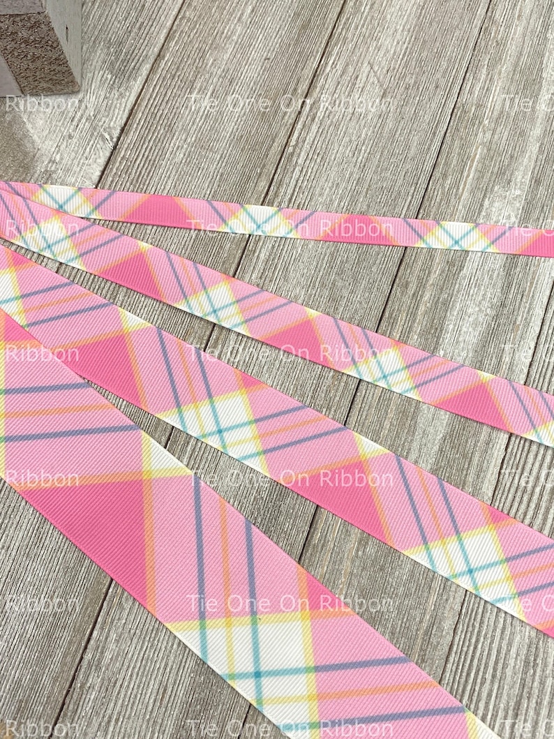 Pink Plaid Pattern Ribbon Pink and Blue Spring Plaid Printed Grosgrain Ribbon - 3/8