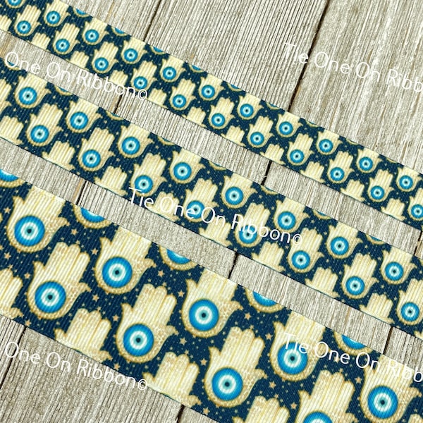 Hamsa Blue Evil Eye Talisman Printed on White Grosgrain Ribbon  7/8 - 1.5 Inch  - Sew - Craft - Collar - Bow - Gift Wrap - Bookmark