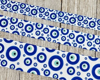 Blue Evil Eye Talisman Printed on White Grosgrain Ribbon  5/8" - 7/8" - 1.5"  - Sew - Craft - Luggage - Collar - Bow - Gift Wrap - Bookmark