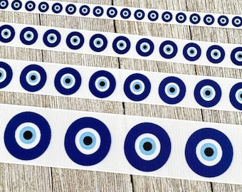 Blue Evil Eye Talisman Printed Grosgrain Ribbon - 3/8" - 5/8" - 7/8" - 1.5" - Sew - Craft - Collar - Bow - Gift Wrap - Party - Tag - Luck