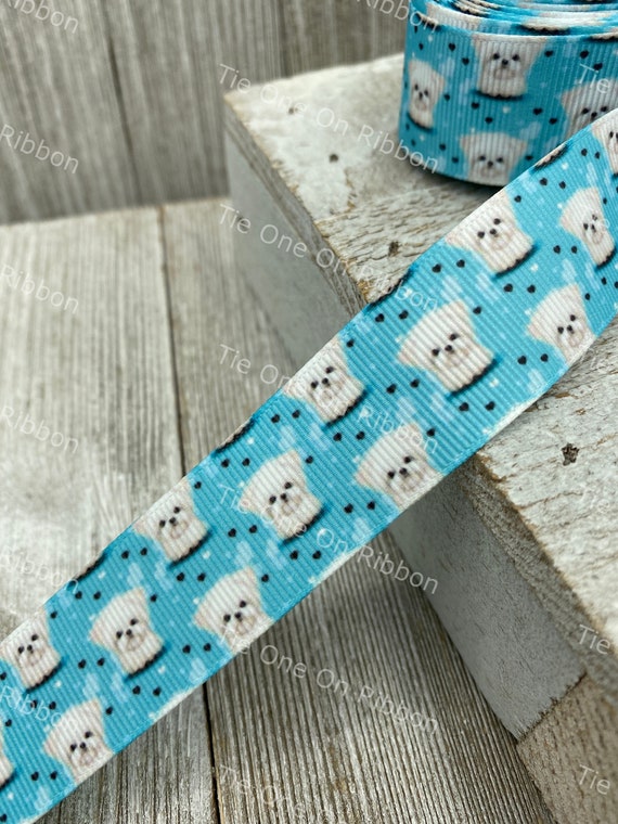 SALE 5 Yards White Pup Dog Printed Grosgrain Ribbon 1 Inch Width