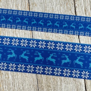 Sale! 5 Yards Blue Deer Snowflake Sweater Printed Grosgrain Ribbon - 7/8&quot; - 1.5&quot; - Craft - Christmas Sweater - Bow - Party - Gift Wrap - Tag