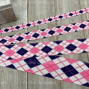 Pink and Navy Argyle Plaid Printed Grosgrain Ribbon - 3/8" - 5/8" - 7/8" - 1" - 1.5" - Sewing - Crafting - Decorating - Bow - Lanyard