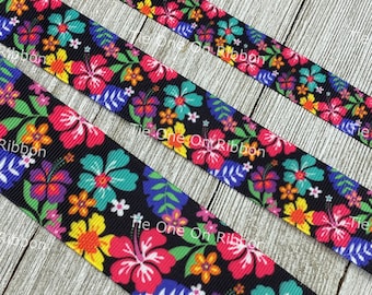 Bright Tropical Floral & Hibiscus On Black Print Grosgrain Ribbon - 5/8" - 7/8" - 1" - 1.5" Sew - Craft - Decor- Bow - Tag - Party - Collar