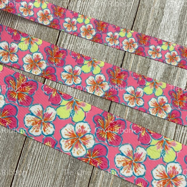 Hibiscus Floral Printed Grosgrain Ribbon - 5/8" -  7/8"  - 1" - 1.5"  - Sewing - Crafting - Bow - Key Fob - Decor - Dog Collar