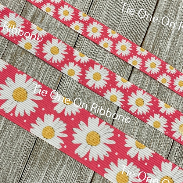 White Daisies on Peachy Pink Printed Grosgrain Ribbon - 5/8" - 7/8" - 1.5" - Craft - Gender Reveal - Sew - Tag - Gift Wrap - Bow -