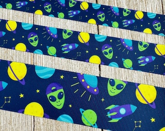 Space Alien, ruimteschip, het heelal, planeten, zonnestelsel Bedrukt grosgrain lint - 5/8" -7/8" - 1,5" - Sew- Craft - Bagagelabel - Omslag