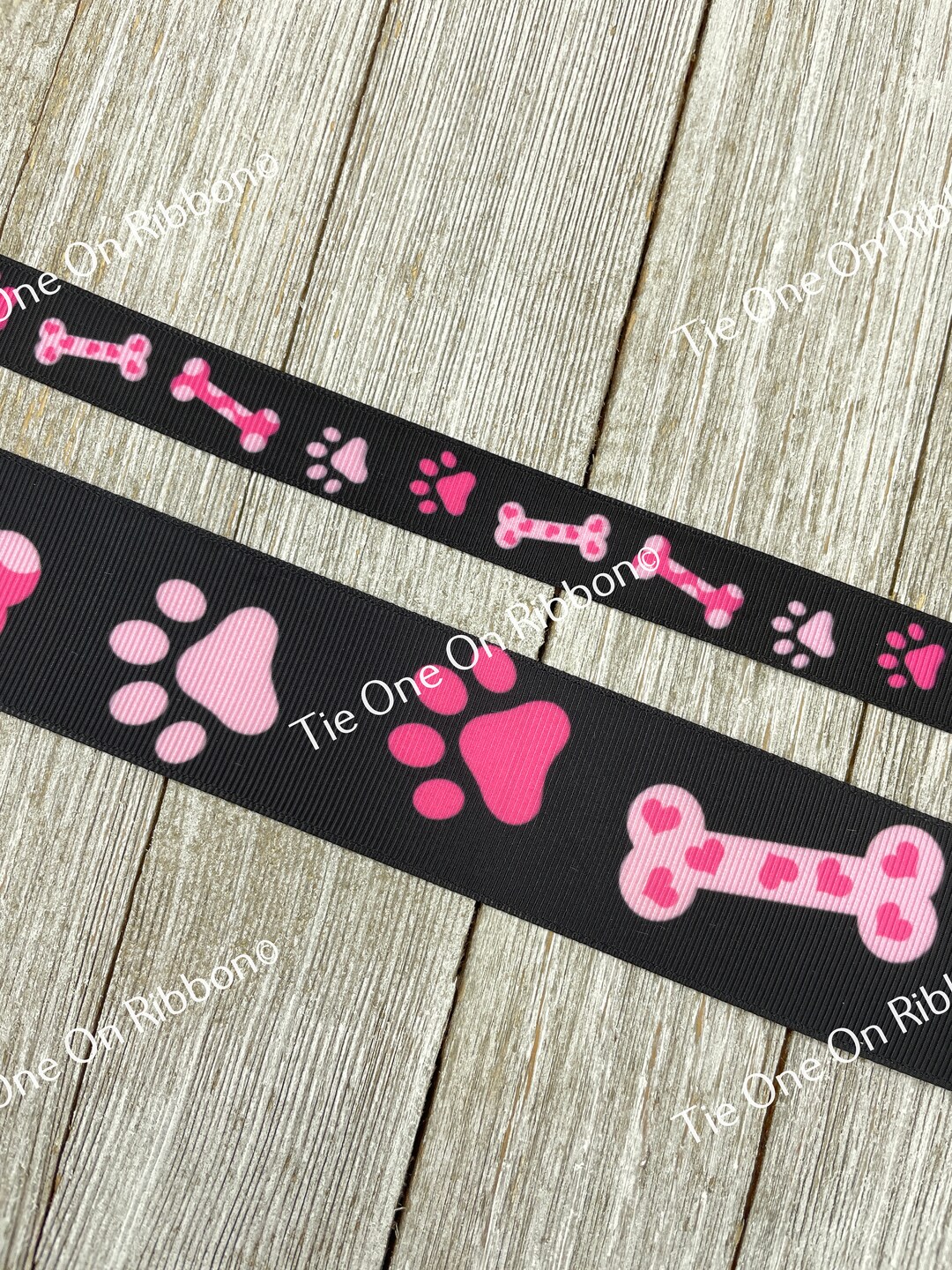 Pink Dog Bones and Paw Prints Printed Grosgrain Ribbon - 5/8