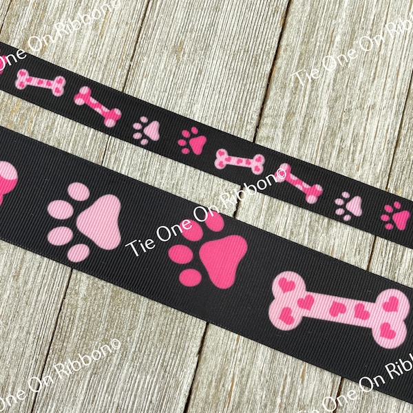 Pink Dog Bones and Paw Prints Printed Grosgrain Ribbon - 5/8" - 1.5" - Sew - Craft - Decorating - Hair Bow - Collar - Leash - Scrapbook- Tag