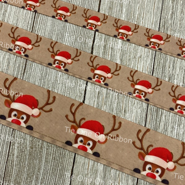 Peeking Reindeer Christmas Printed Grosgrain Ribbon - 5/8" - 7/8" - 1.5" -- Sew - Craft - Decor - Party - Collar - Bow - Scrapbook