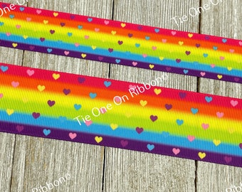 Rainbows and Hearts Printed Grosgrain Ribbon - 5/8 - 1 - 1.5 Inch - Sewing - Crafting - Decor - Rainbow - Pride