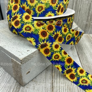 Yellow Sunflowers on Vivid Blue Print Grosgrain Ribbon - 1 Inch - Sewing - Crafting - Decorating - Bow - Scrapbook - Hair Ribbon