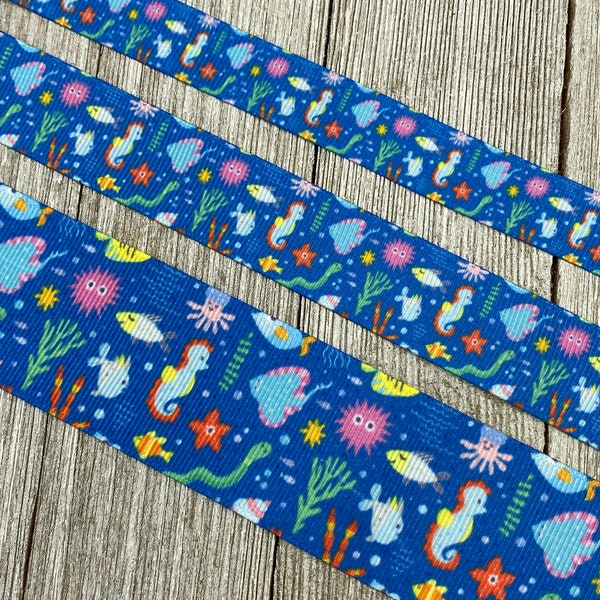 Under the Sea Life Ocean Print Grosgrain Ribbon -  5/8" - 7/8" - 1" - 1.5"- Sewing - Crafting - Decorating - Bow - Party - Hair Bow