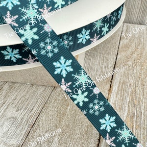 Deep Teal & Pale Pink Snowflake Printed Grosgrain Ribbon - 5/8&quot; - Craft - Hair Bow - Gift Wrap - Tag - Wreath - Winter - Holiday Ribbon