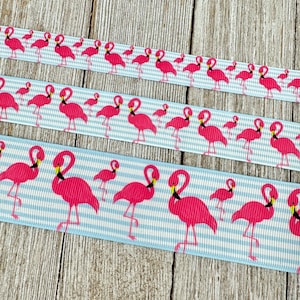 Pink Flamingos on Light Blue and White Stripes Grosgrain Ribbon - 5/8&quot; - 7/8&quot; - 1.5&quot; - Craft - Decor - Hair Bow - Collar - Leash - Wreath