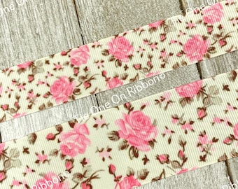 Pink Roses Floral On Pale Linen Print Grosgrain Ribbon - 5/8" - 1" - 1.5" - Sew - Craft - Scrapbook - Tags - Key Fob - Bow - Collar - Wreath