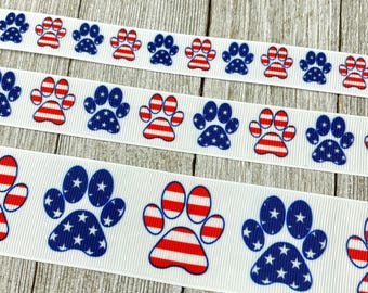 Patriotic Paw Prints Printed Grosgrain Ribbon -  5/8 - 1 - 1.5 Inch - Sewing - Crafting - Decorating - Bow - Collar