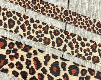 Pattern 1 Brown Leopard Spots Animal Print Printed Grosgrain Ribbon -  5/8&quot; - 1&quot; - 1.5&quot; - Craft - Hair Bow - Tag - Costume - Gift Wrap