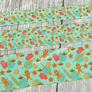 Gingerbread Cookie Baking Dotted Green Printed Grosgrain Ribbon - 5/8&quot; - 7/8&quot; - 1.5&quot; - Sew - Craft - Christmas Cookie - Baking - Gift Wrap
