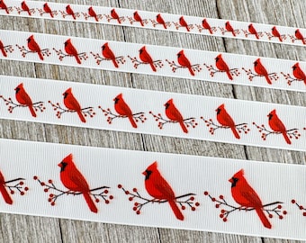 Red Cardinal Holiday Winter Printed Grosgrain Ribbon: 3/8", 5/8", 7/8", 1.5", Sew, Craft, Bow, Wreath, Gift Wrap, Luggage Tag, Angels Appear