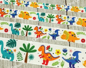 Bright Dinosaur Dinos Printed on White Grosgrain Ribbon -  3/8" - 5/8" - 7/8" - 1.5" - Sewing - Crafting  - Decor -  Bows - Gift Wrap