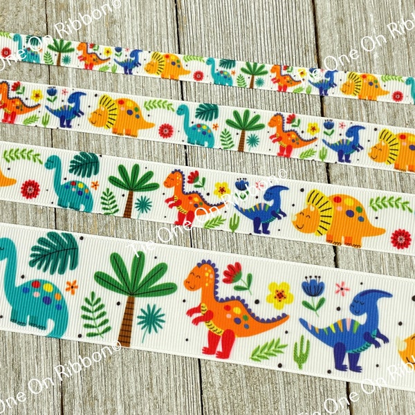 Bright Dinosaur Dinos Printed on White Grosgrain Ribbon -  3/8" - 5/8" - 7/8" - 1.5" - Sewing - Crafting  - Decor -  Bows - Gift Wrap