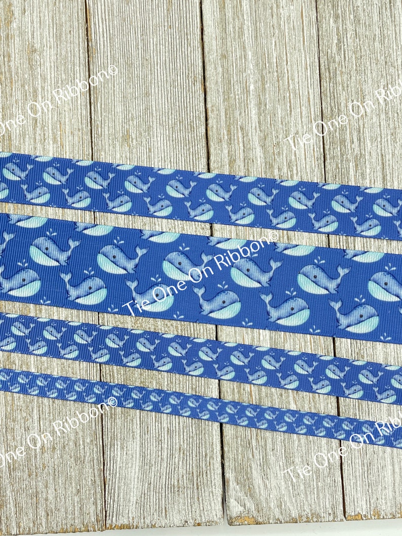 Blue Whales Blue Ocean Sea Print Grosgrain Ribbon - 3/8” - 5/8