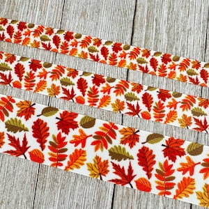 Autumn Fall Leaves on White Printed Grosgrain Ribbon -  5/8&quot; - 7/8&quot; - 1&quot; - 1.5&quot; - Hair Bow - Wreath - Craft Ribbon - Luggage Tag
