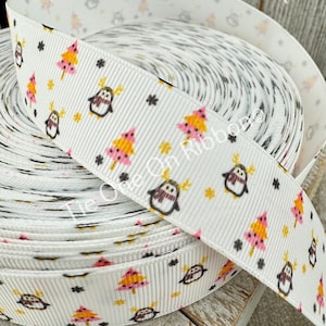 Sale! 5 Yards  Petite Print Winter Penguins & Christmas Trees Printed Grosgrain Ribbon -  1&quot; - Sew - Craft - Decor - Gift Wrap - Luggage Tag