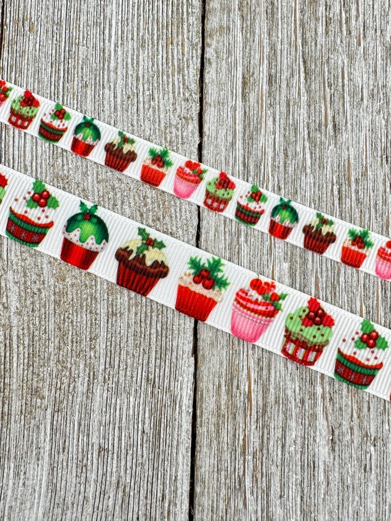 Small Sweets Ribbon Holiday Cupcake Sweet Treats Printed Narrow Grosgrain Christmas Ribbon ...