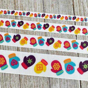Colorful Mittens Winter Holiday Grosgrain Christmas Printed Ribbon: 3/8&quot;, 5/8&quot;, 7/8&quot;, 1.5&quot; Gift Wrap - Luggage Tag