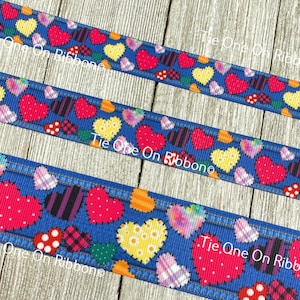 Patchwork Hearts On Denim Printed Grosgrain Ribbon - 5/8 - 7/8 - 1.5 Inch - Sew - Craft - Decor - Valentine&#39;s Day - Scrapbook - Hair Bow