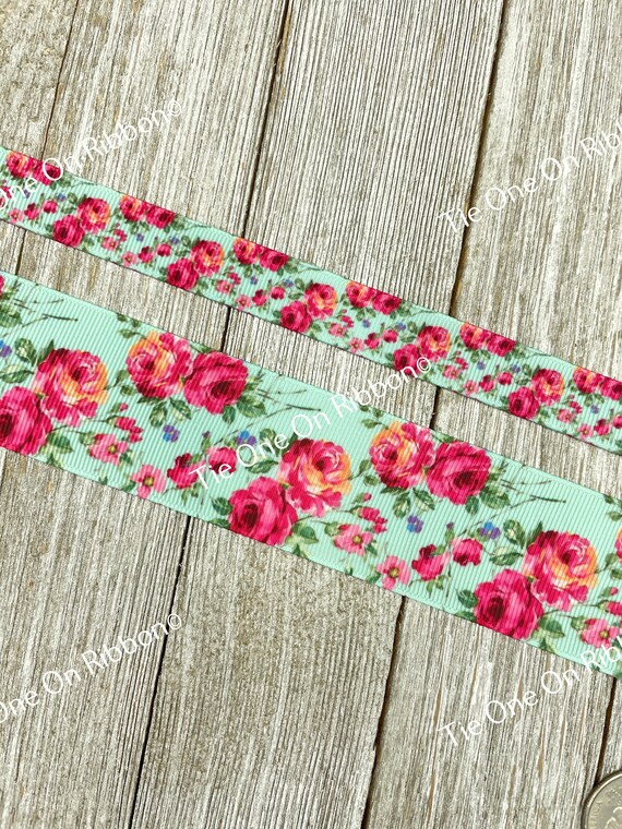 Pink Roses on Aqua Printed Grosgrain Ribbon - 5/8 - 1 - 1.5 Inch - Sewing - Crafting - Decorating - Bow - Collar