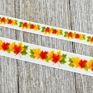 Fall Autumn Leaves Printed on White Grosgrain Ribbon -  3/8&quot; - 5/8&quot; - Sew - Craft - Bow - Decor - Gift Wrap - Hair Ribbon - Hair Bow