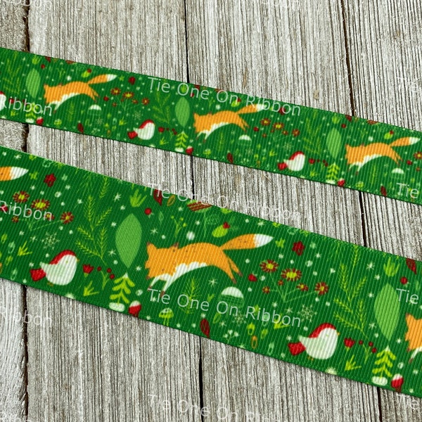 SALE! 5 Yards Any Size Woodland Floral Fox Bird Green Background Printed Grosgrain Ribbon - 7/8" - 1.5" - Sew - Craft - Decor - Wrap