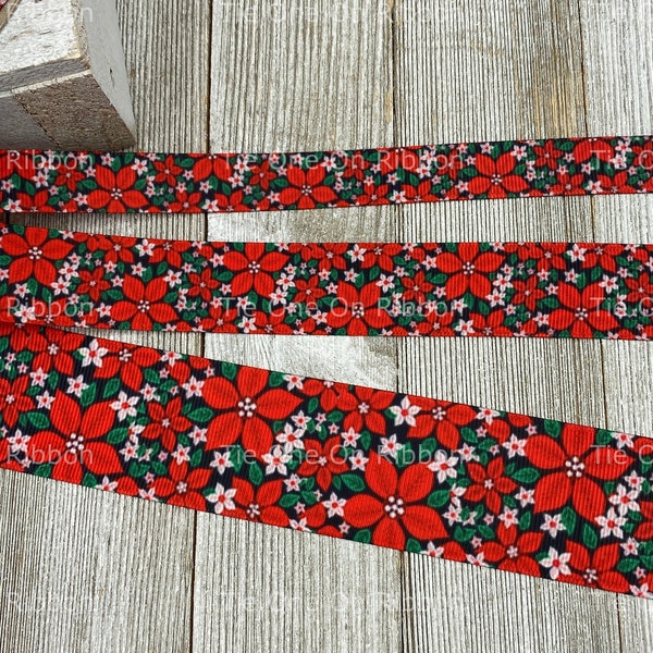 Holiday Christmas Poinsettias On Black Printed Grosgrain Ribbon  - 3/8" - 5/8" - 7/8" - 1" - 1.5" - Sewing - Crafting - Bows - Decor