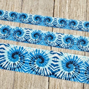Waves of Blue Tie Dye Swirl Printed Grosgrain Ribbon - 5/8" - 7/8" - 1.5" - Sew - Craft - Hair Bow - Cheer Bow - Tag - Collar