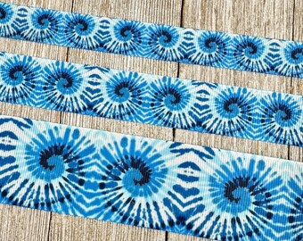 Waves of Blue Tie Dye Swirl Printed Grosgrain Ribbon - 5/8" - 7/8" - 1.5" - Sew - Craft - Hair Bow - Cheer Bow - Tag - Collar