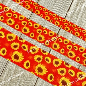 SALE! 5 Yards Golden Sunflowers on Red Background Printed Grosgrain Ribbon - 5/8&quot; - 1&quot; - 1.5&quot; - Sew - Craft - Decor - Hair Bow - Collar