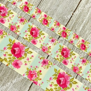 Pink Roses on Pastel Green and Yellow Stripes Printed Grosgrain Ribbon - 5/8 - 1 - 1.5 Inch - Sewing - Crafting - Decor - Hair Bow
